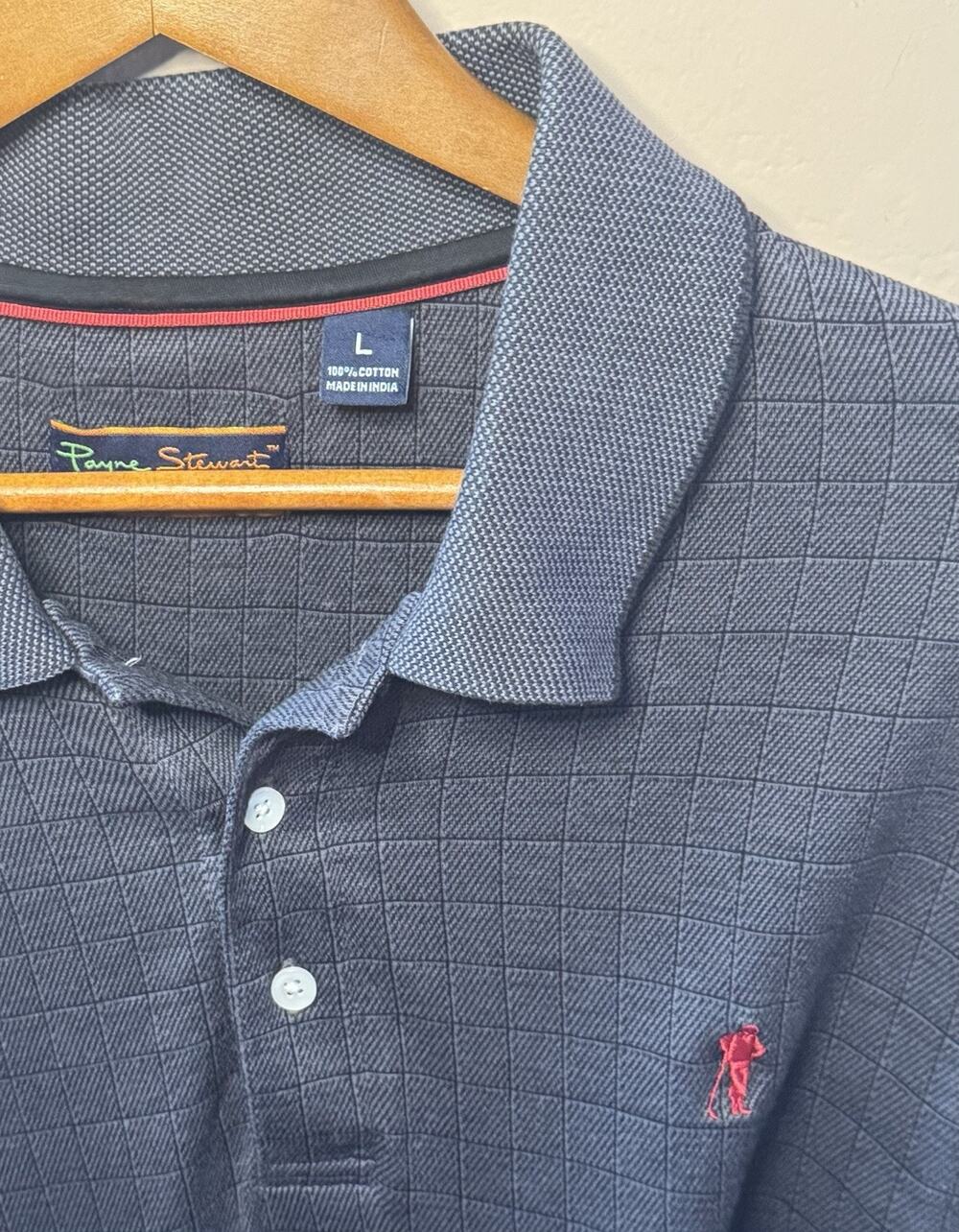 Payne Stewart Legacy Polo Shirt Mens Large Blue Windowpane Long Sleeve Cotton